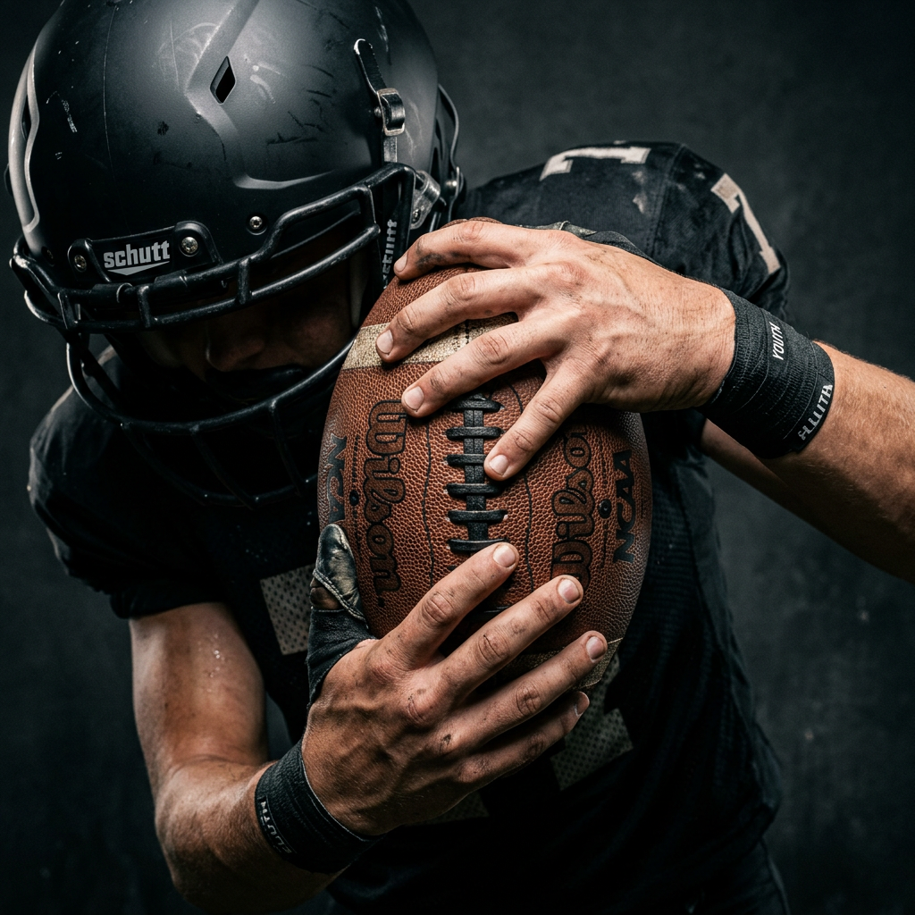 Close-up of a youth football player's hands gripping a football, helmet visible above
