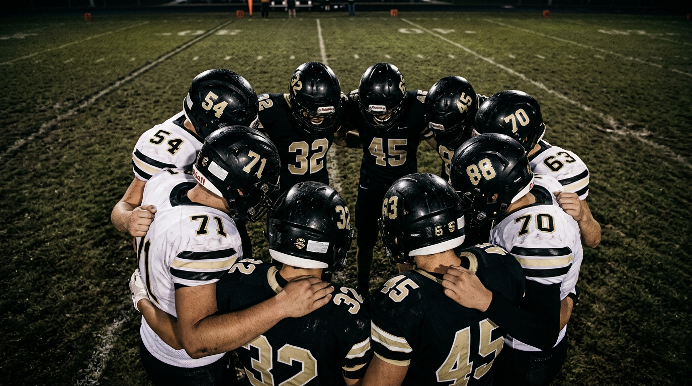 Youth football team huddled together on the field, seen from behind, all wearing helmets